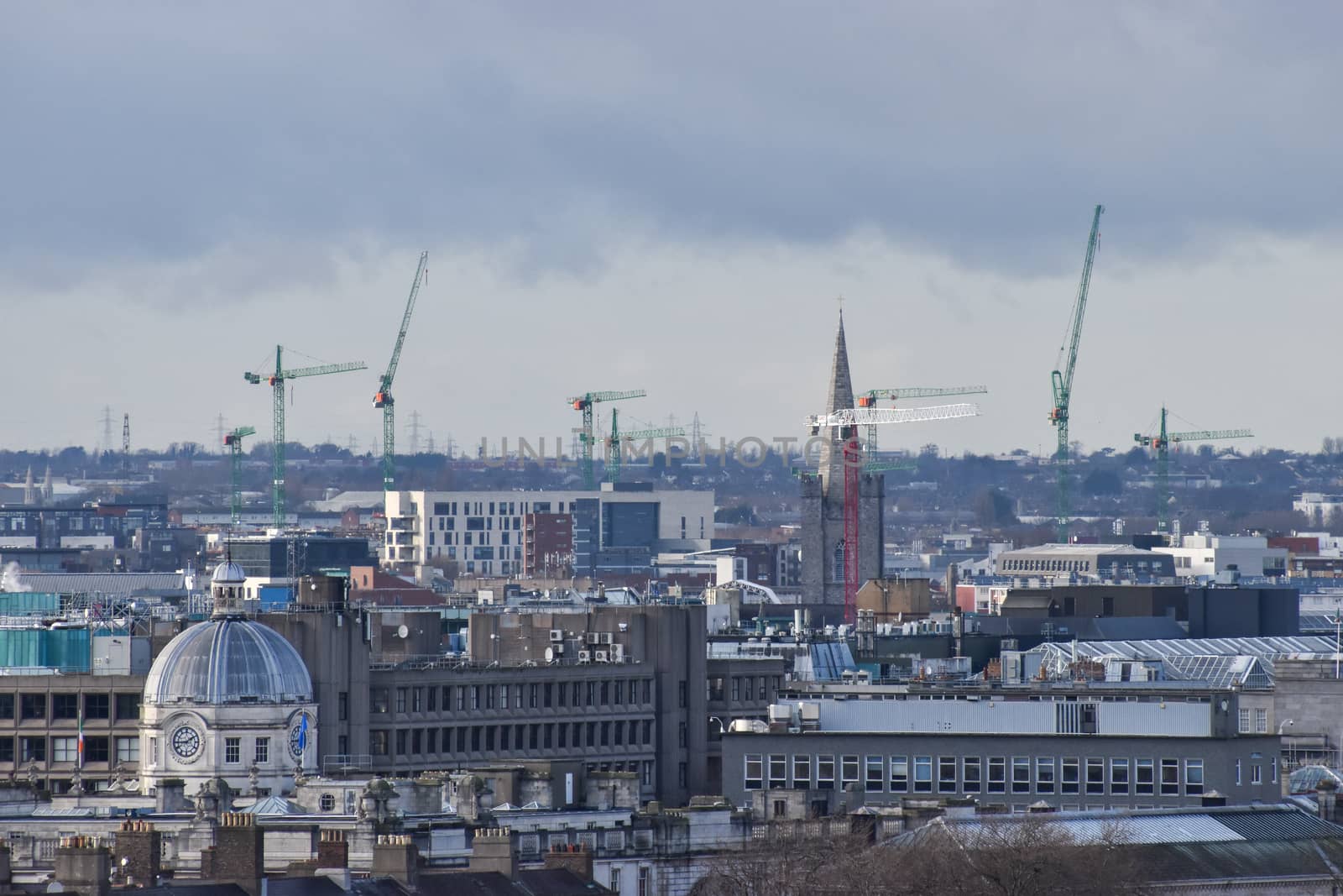 Dublin, Ireland - January 13, 2020: Dublin skyline with construction and lots of cranes across the city