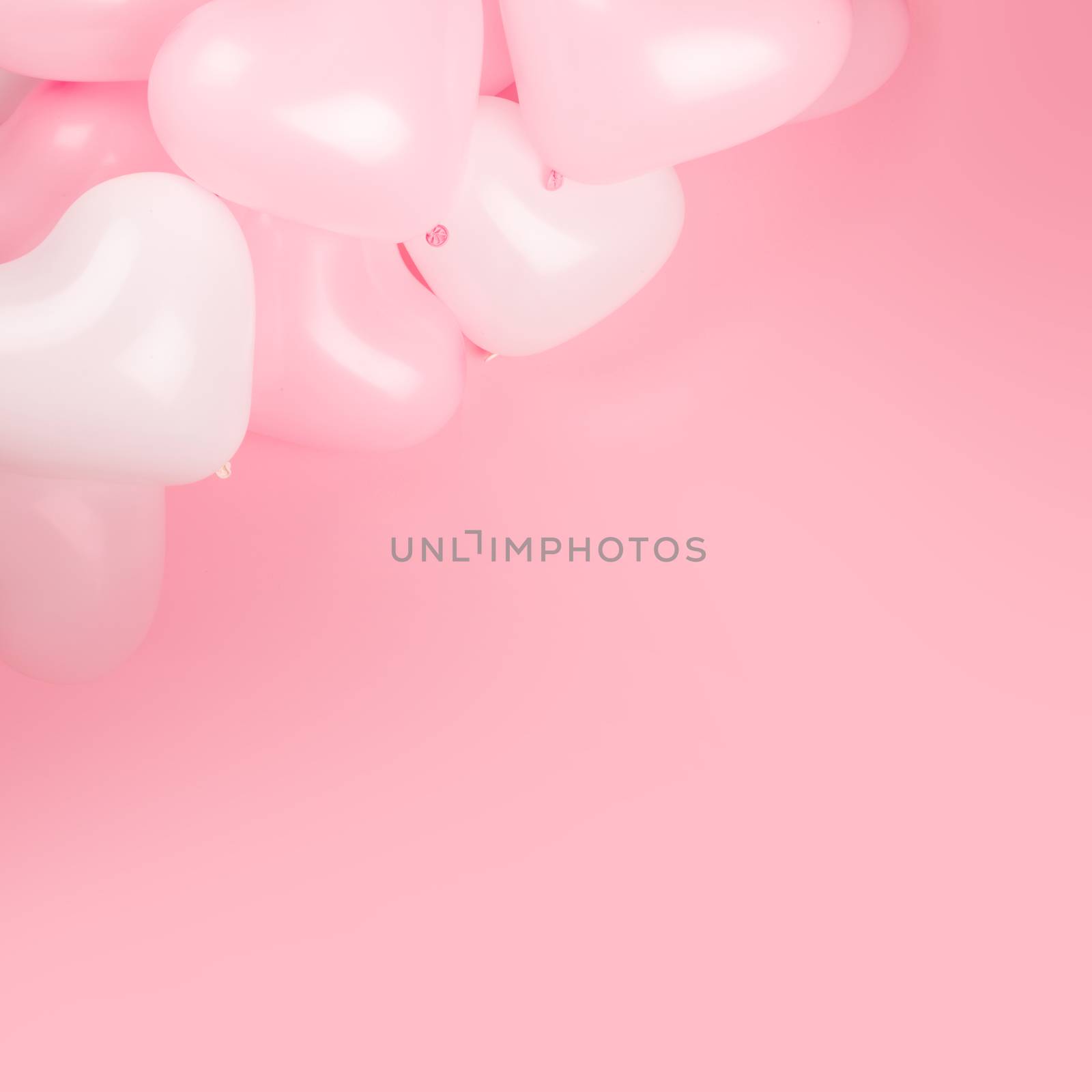 Happy valentines day greetings many heart shaped pink and white balloons background border frame flat lay corner with copy space for text