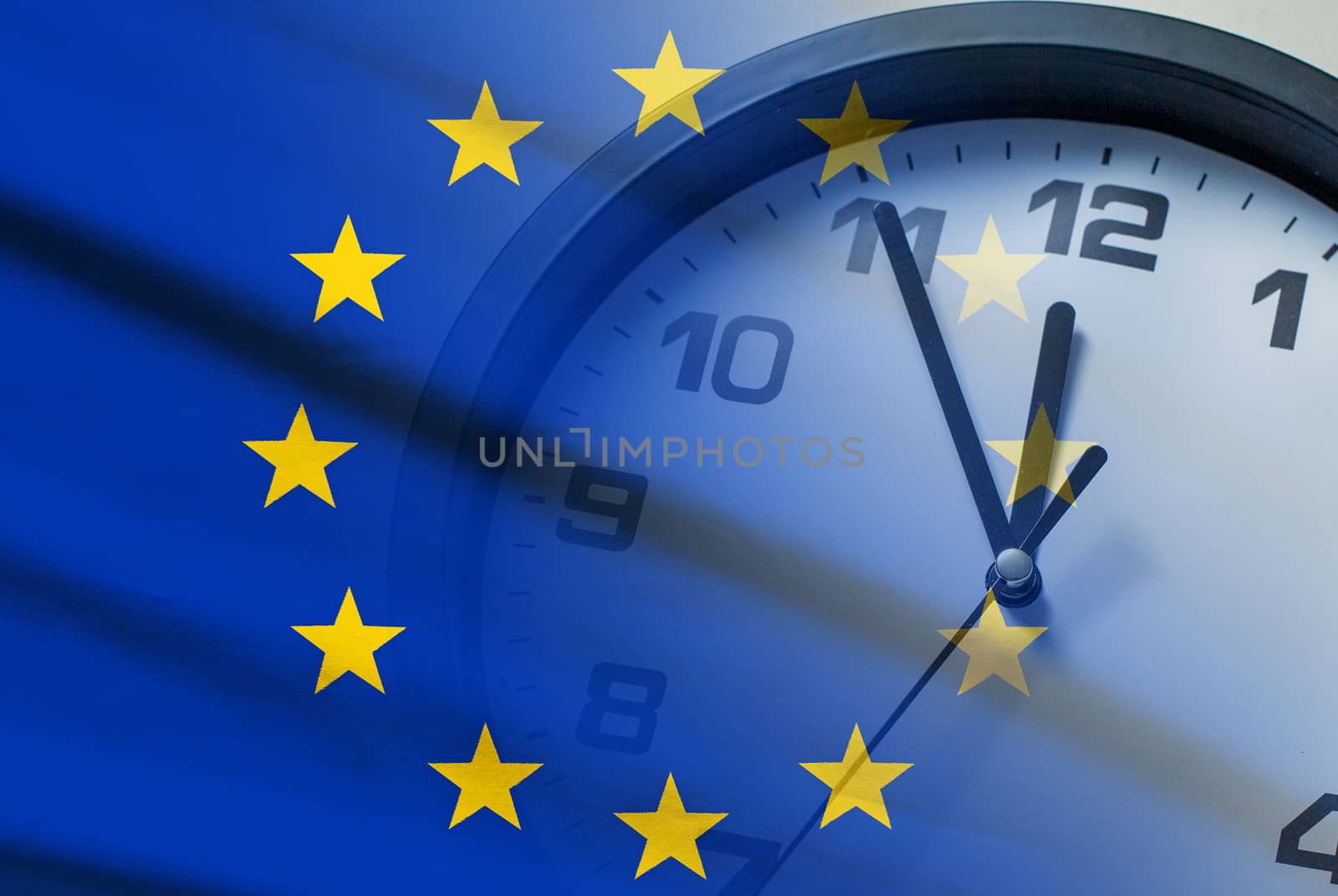 European Union flag with dial of a clock counting down to twelve noon or midnight in a concept of crisis, deadlines or new year,