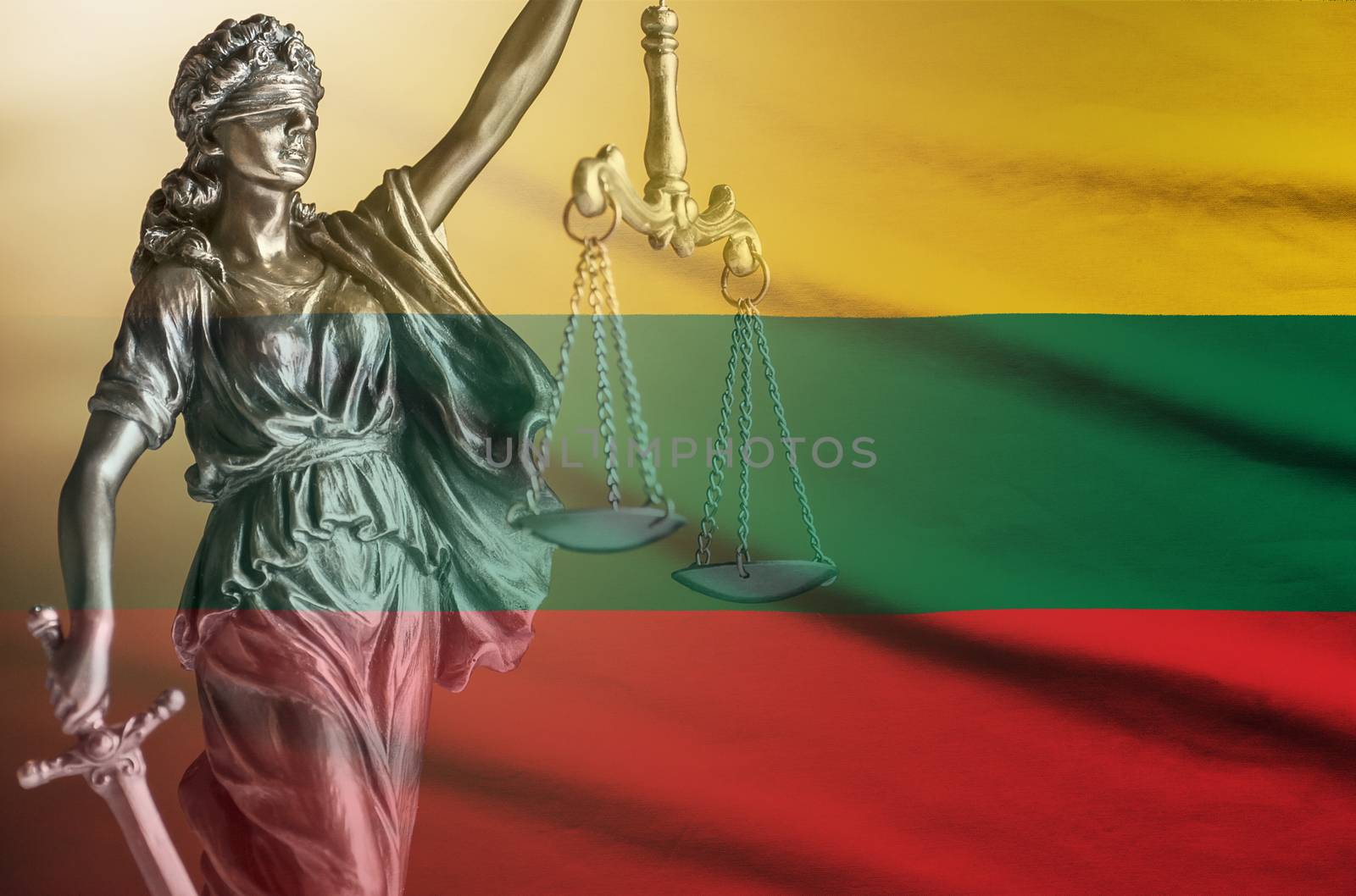Statue of Justice with scales on Lithuanian flag by sergii_gnatiuk