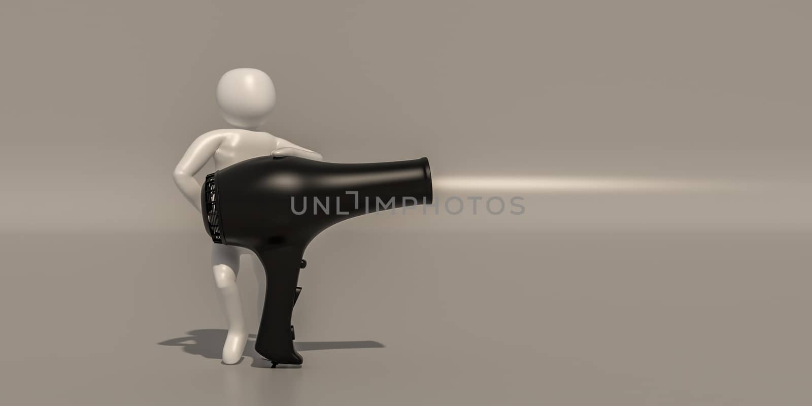 3d illustrator, 3d rendering of the White character and hair dryer.