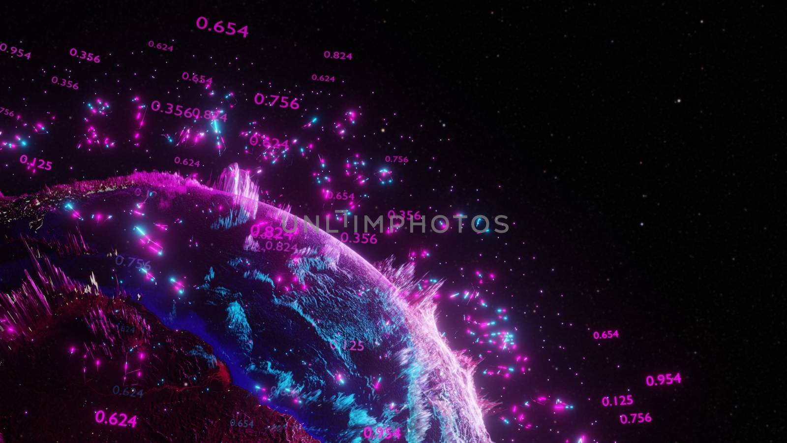 Abstract futuristic planet Earth surrounded by virtual elements. Dots, numbers and lines. Element of this image furnished by NASA. 3D rendering. Technology concept