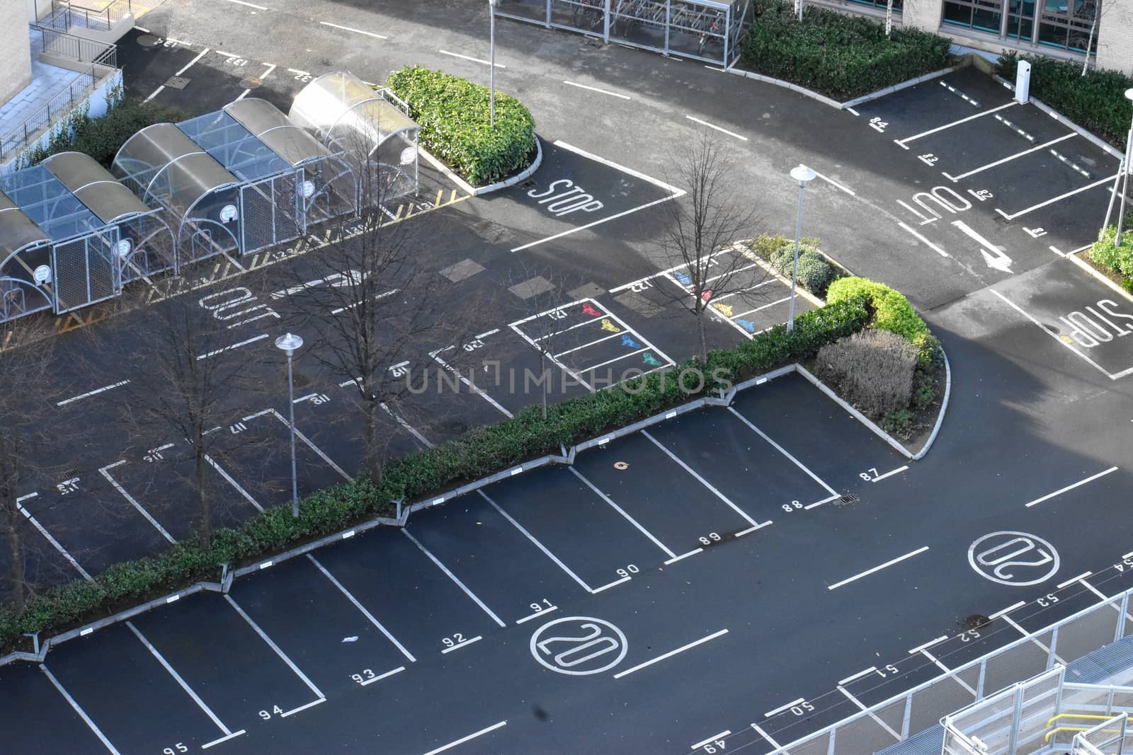 High angle view of an empty car park or parking lot