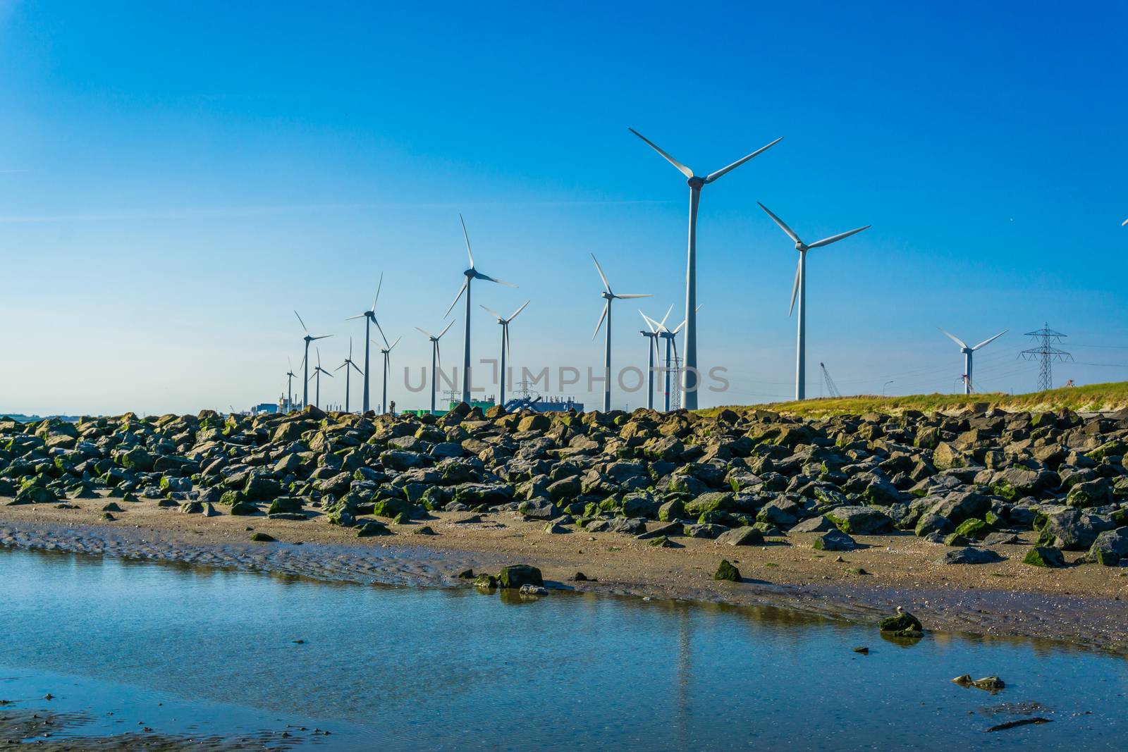 wind mill park with rocks and water on the beach