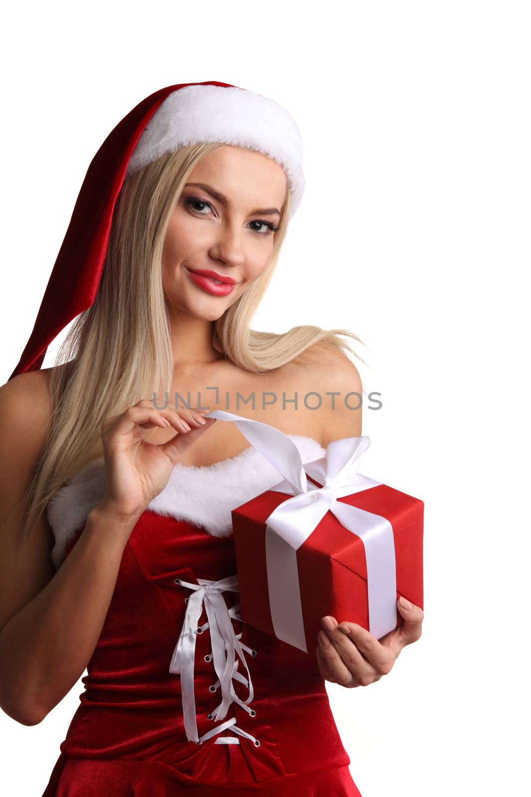 Christmas woman in Santa Claus style dress unpack gift