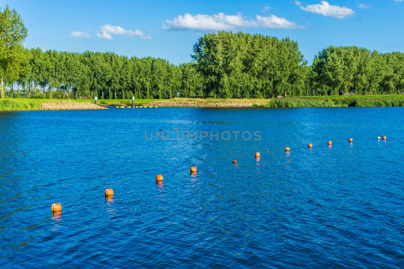 beautiful blue lake with line looking on a forest landscape