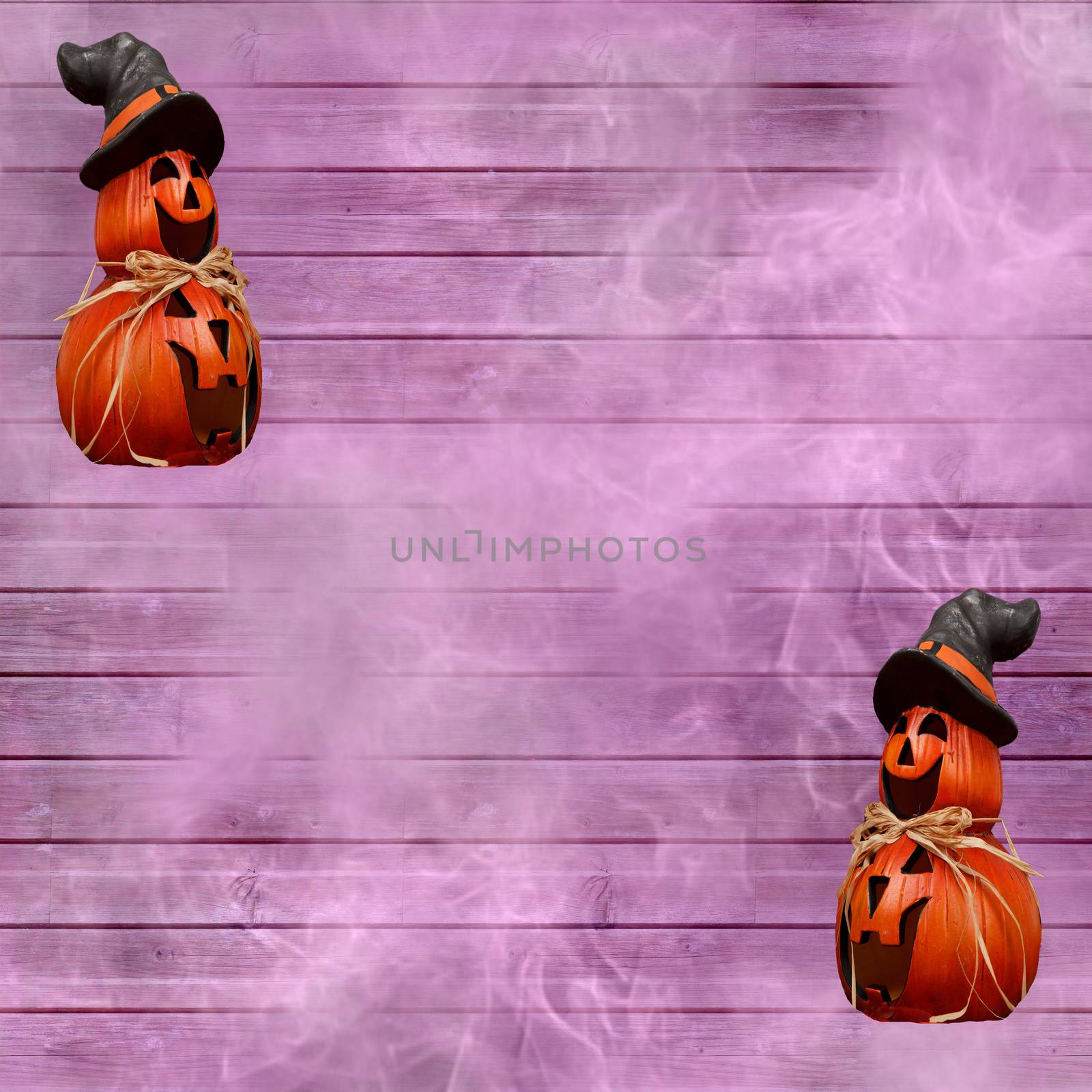 Halloween celebration background with purple wooden planks and carved pumpkins with a witch hat