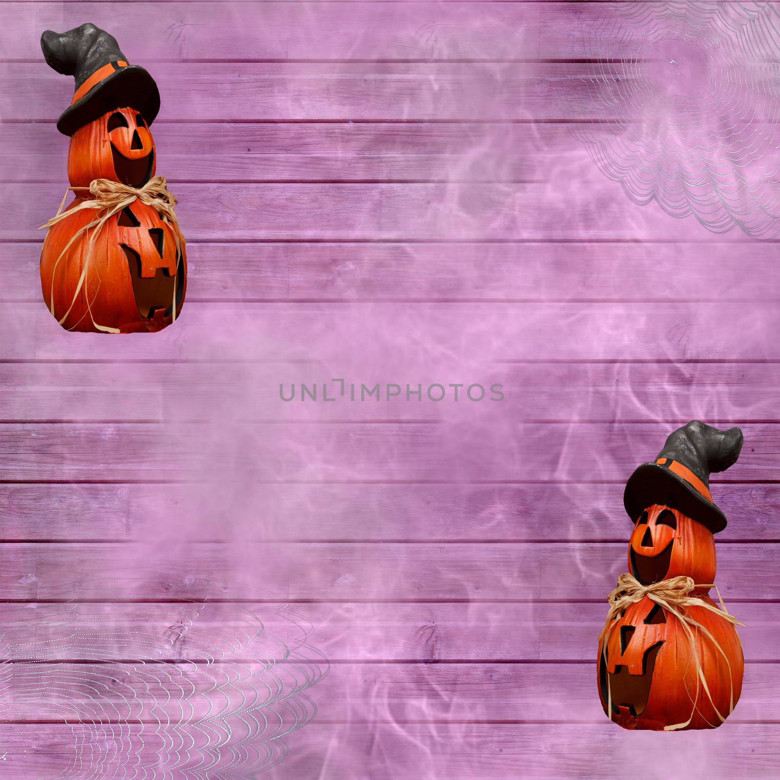 Halloween festival celebration background with purple wooden planks spider webs and carved pumpkins wearing a witch hat by charlottebleijenberg