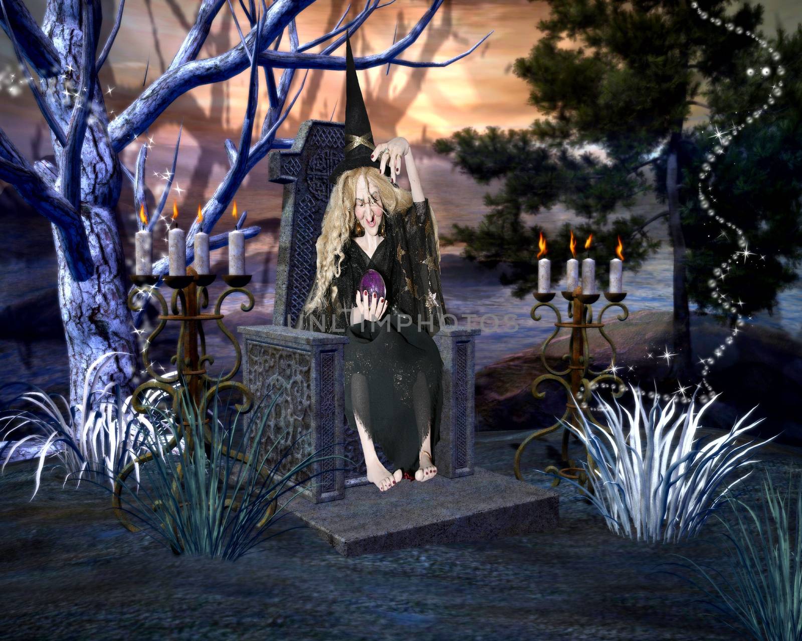 Halloween witch holding a glass sphere sitting in a stone chair seat in a horror forest scenery by charlottebleijenberg