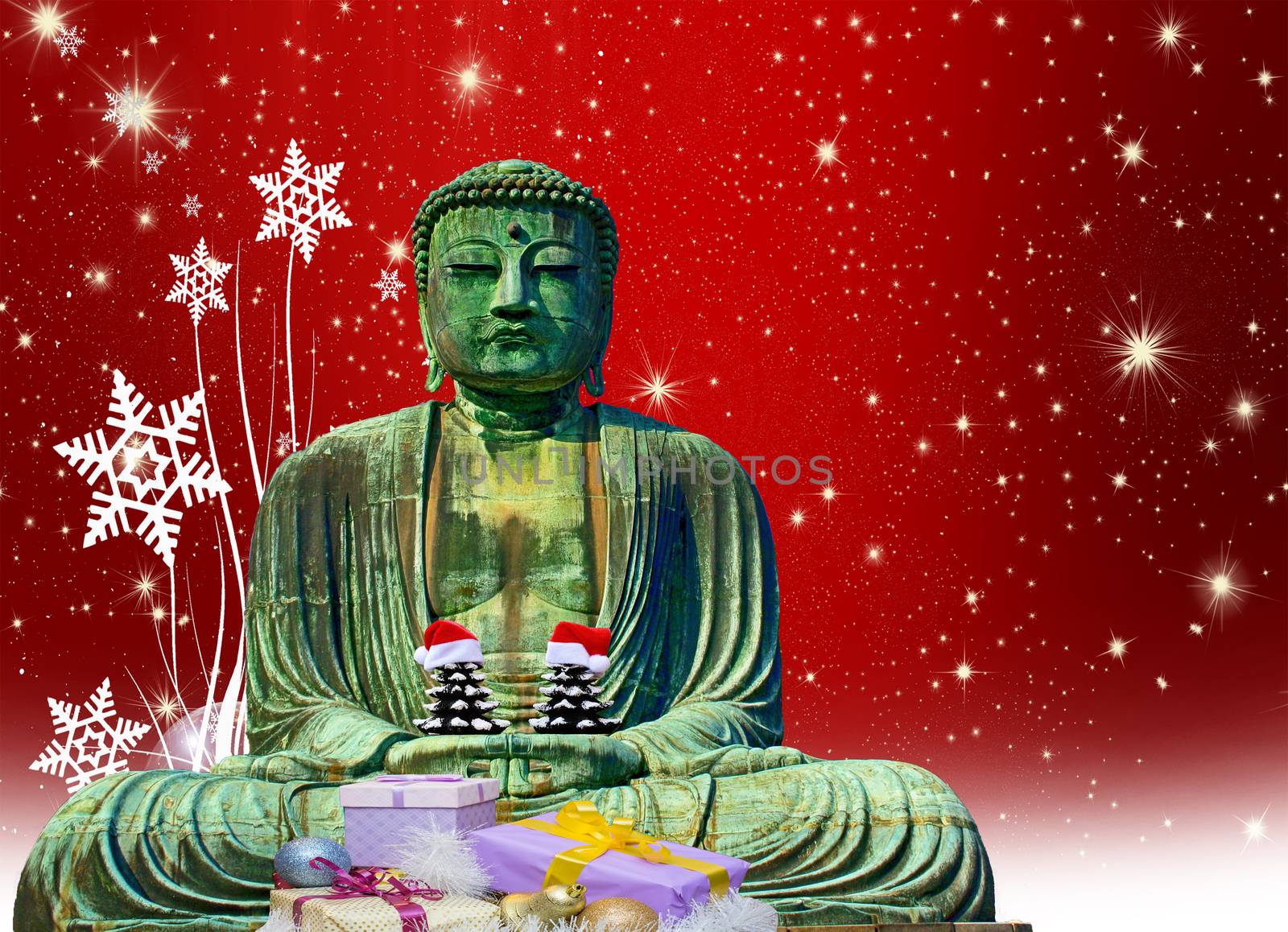christmas card buddha monk statue with presents holding 2 small christmas trees with hats and a red christmas background with stars