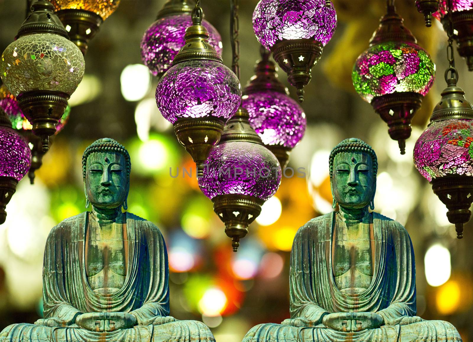 two buddhist statues meditating with lamps and background buddhism card by charlottebleijenberg