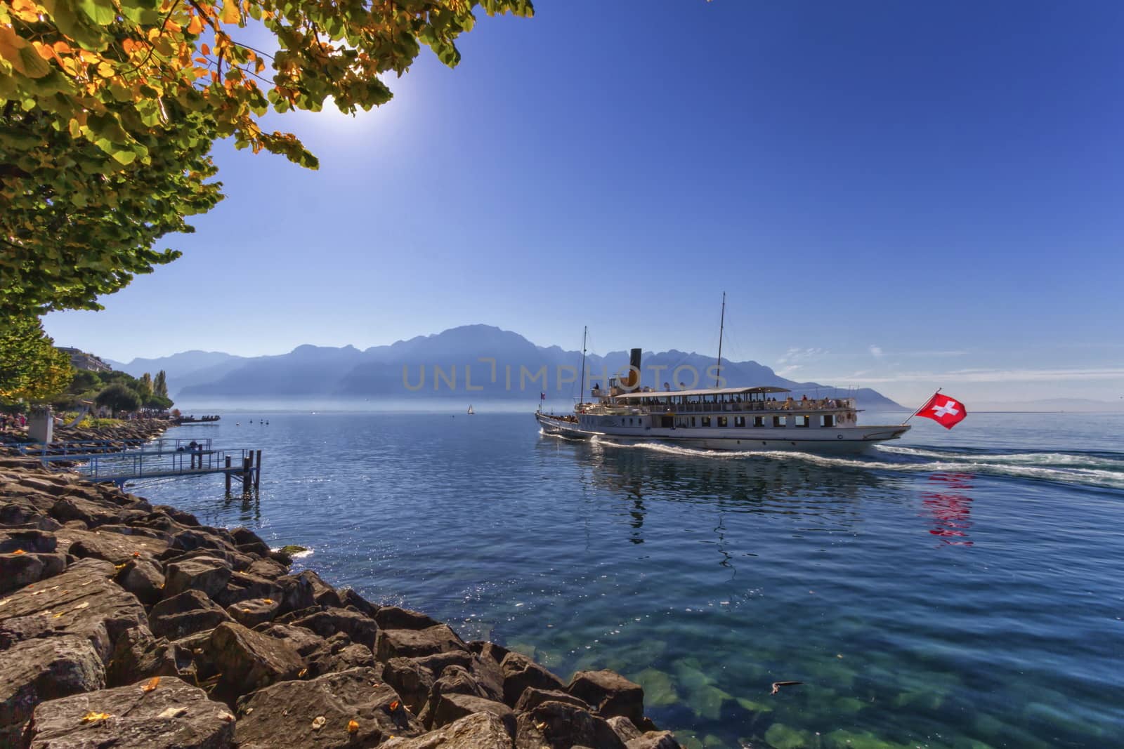 Old steamboat on Geneva Leman lake at Montreux by beautiful day, Switzerland