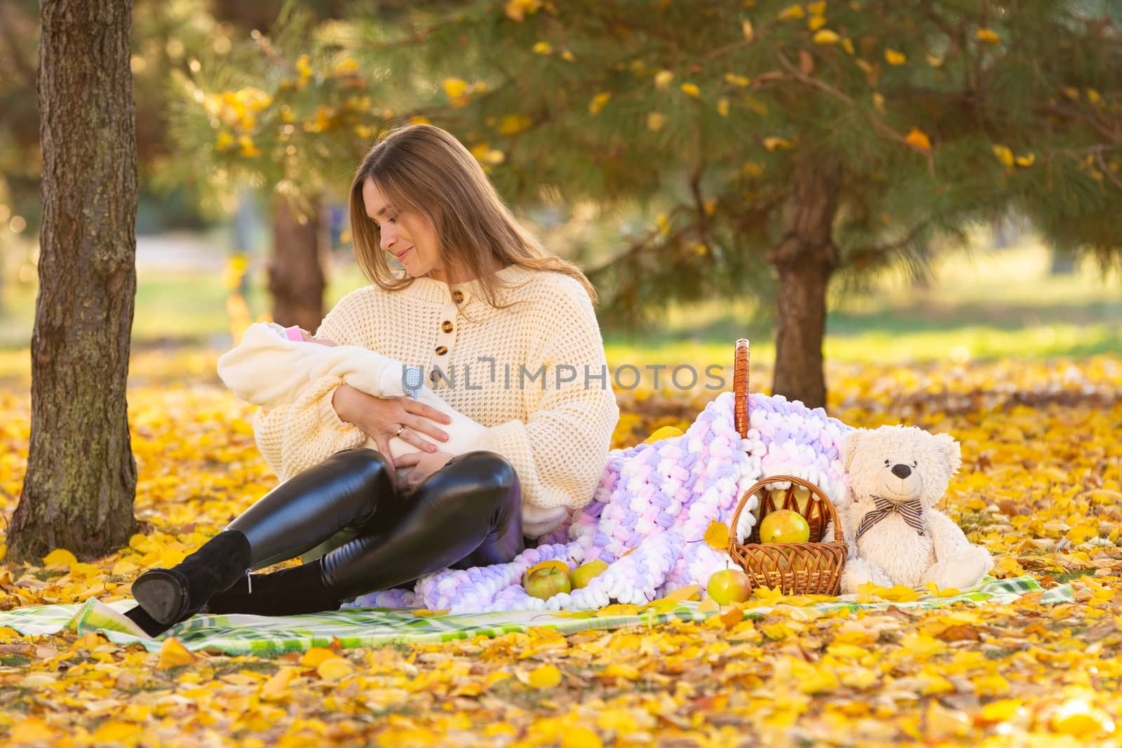 Mom and baby on a picnic in the city park in the autumn