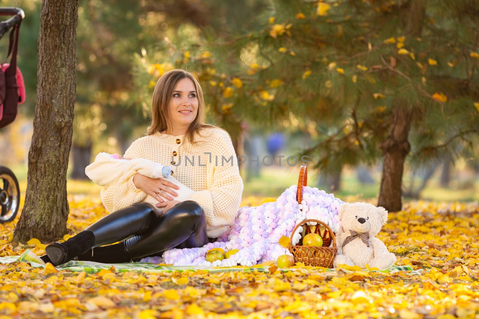 Mom sits on a picnic in the autumn park, holding a newborn baby in her arms