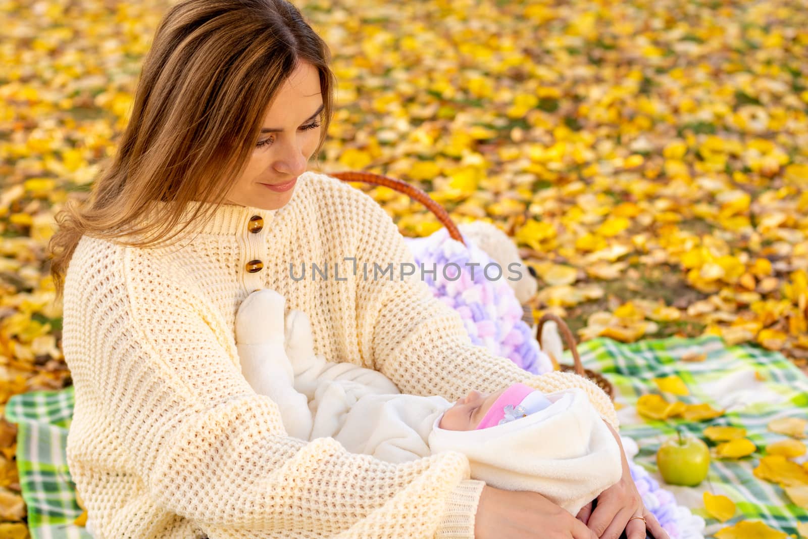 Mom looks lovingly at baby as she sits down for a picnic in the park