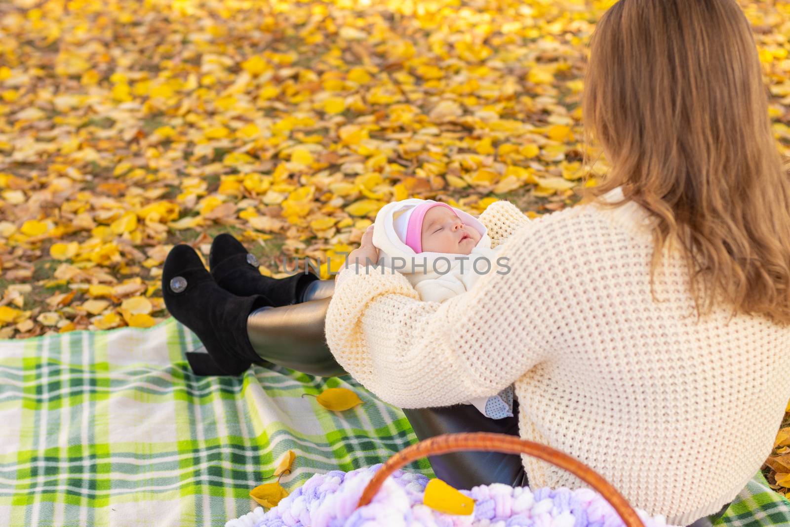 Mom crouched down on a picnic in the autumn park with the baby by Madhourse