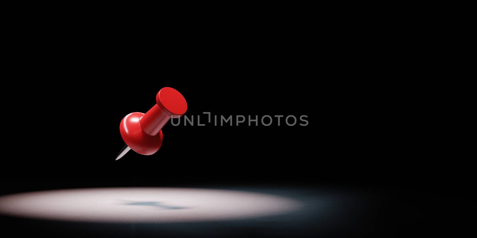 Single Red Pushpin Spotlighted on Black Background 3D Illustration by make