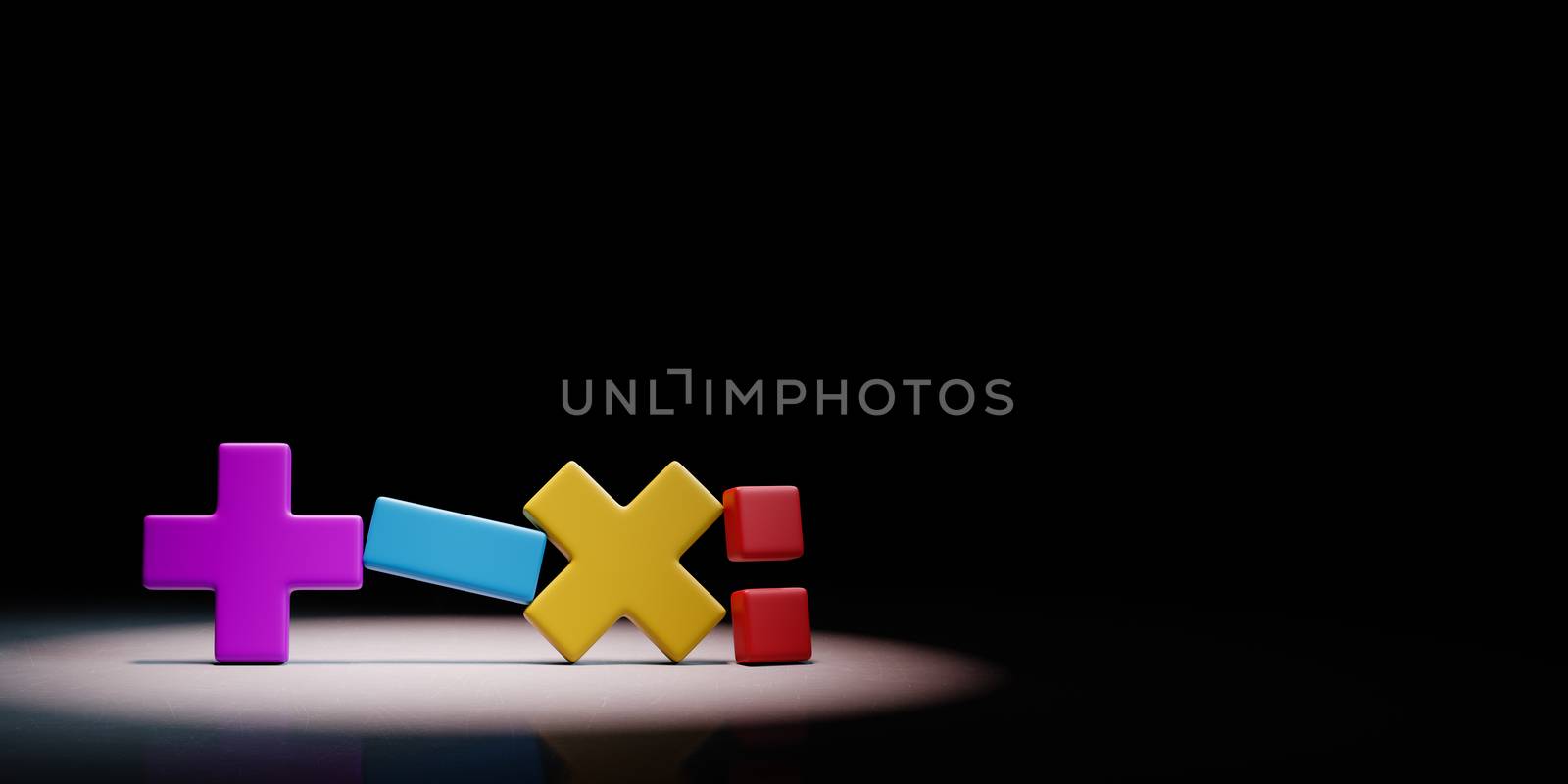 Math Operators Symbol Spotlighted on Black Background 3D Illustration by make