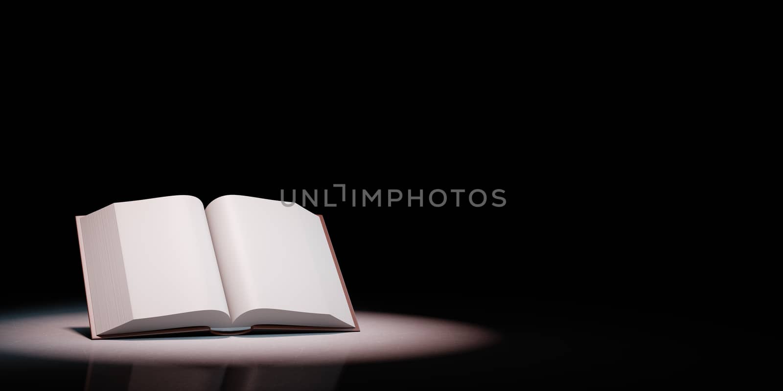 Open Book with Blank Pages Spotlighted on Black Background with Copy Space 3D Illustration