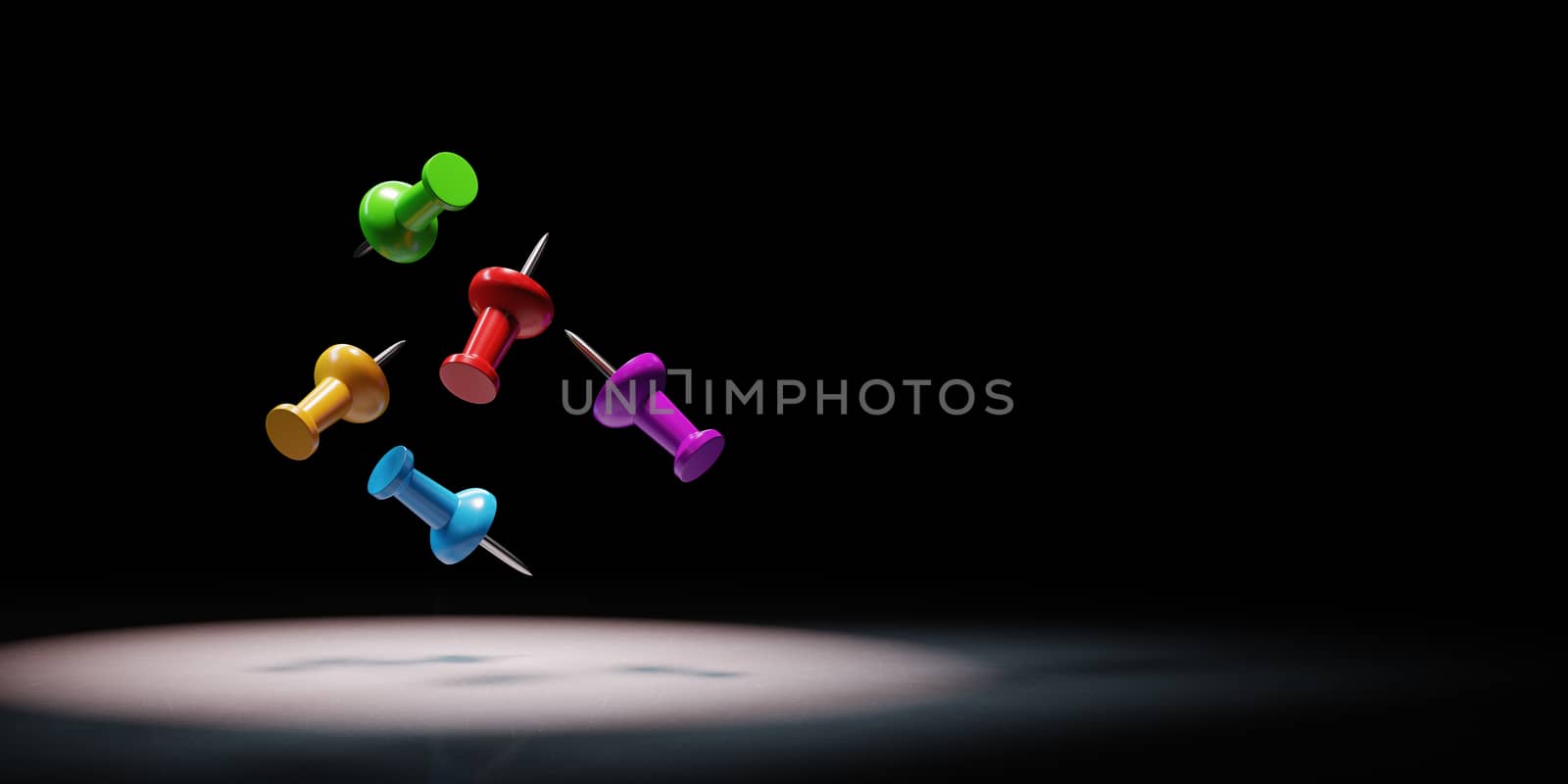 Colorful Thumbtack Spotlighted on Black Background 3D Illustration by make