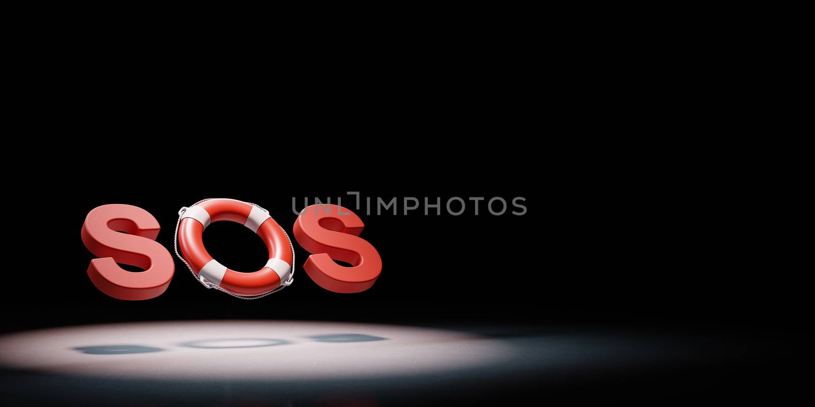 SOS Text with Red and White Lifebelt Spotlighted on Black Background with Copy Space 3D Illustration