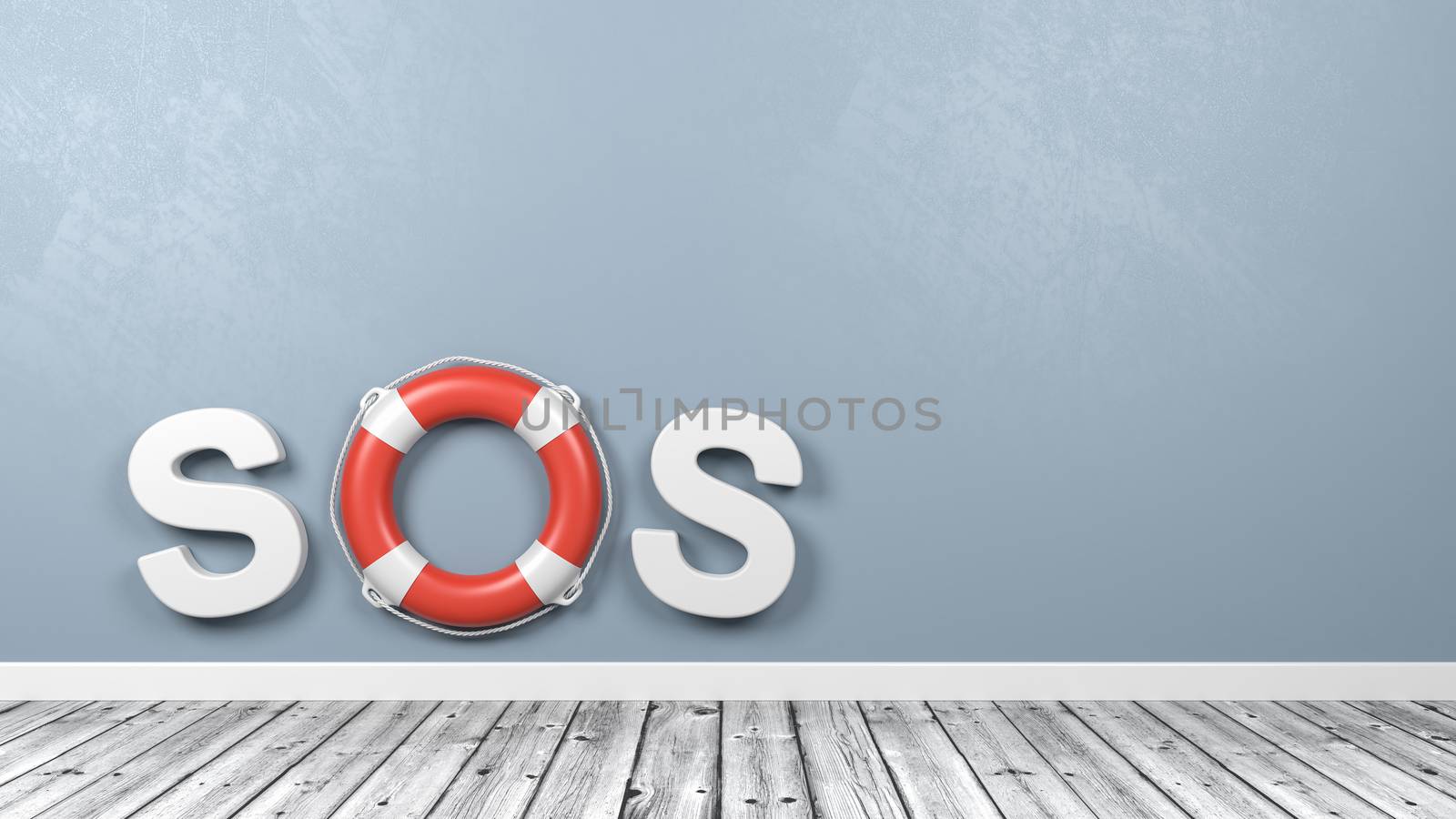 SOS Text Lifebuoy on Wooden Floor Against Wall 3D Illustration by make