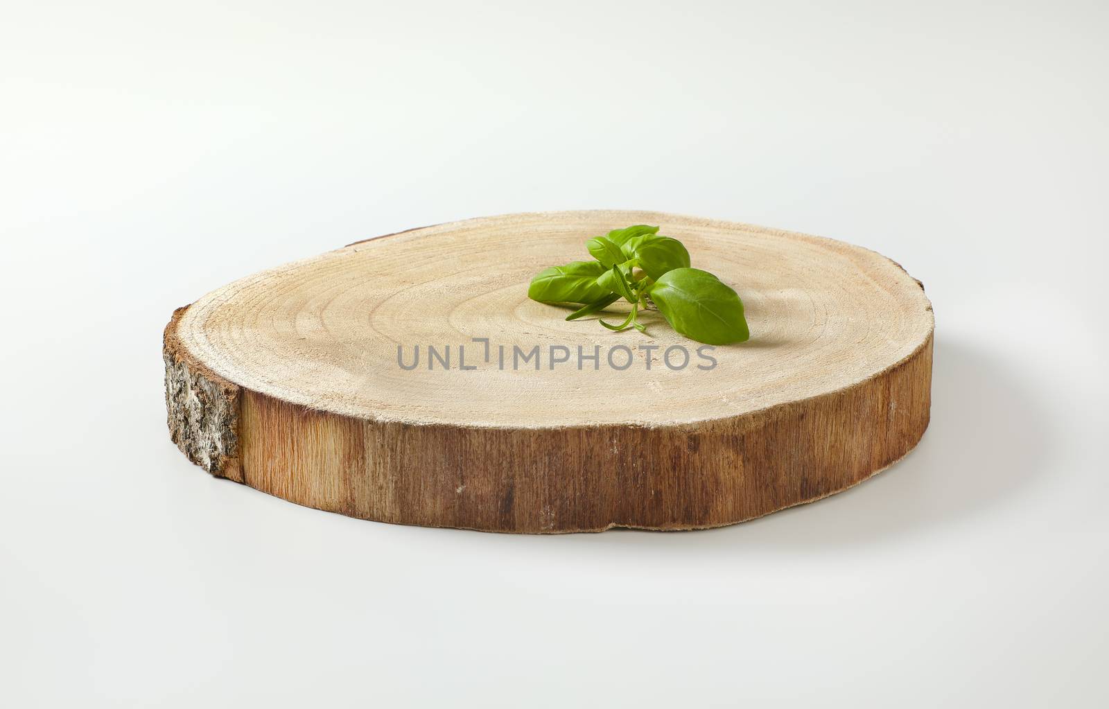 Fresh basil leaves on natural live edge round wood slab