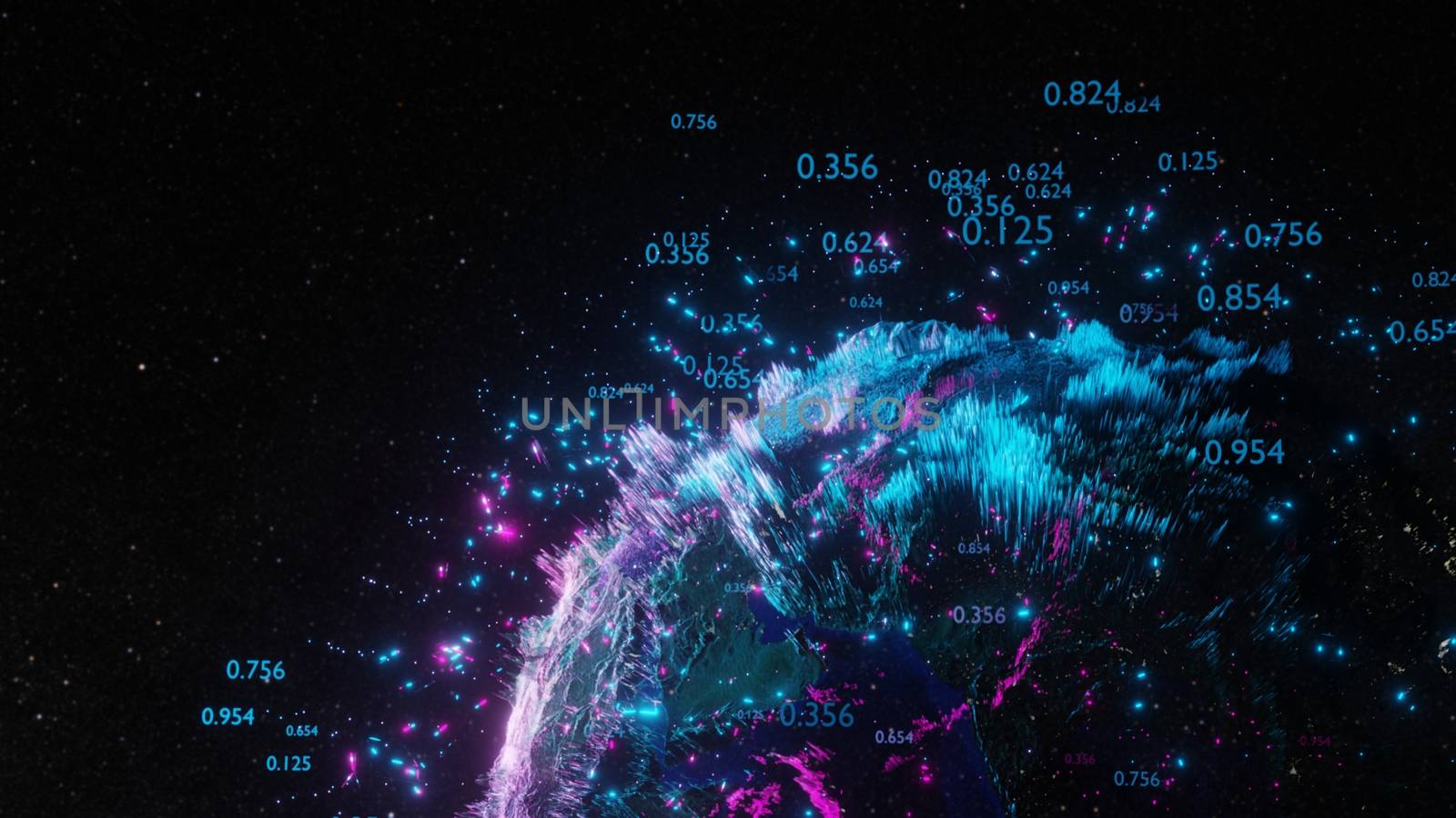 Abstract futuristic planet Earth surrounded by virtual elements. Dots, numbers and lines. Element of this image furnished by NASA. 3D rendering. Technology concept