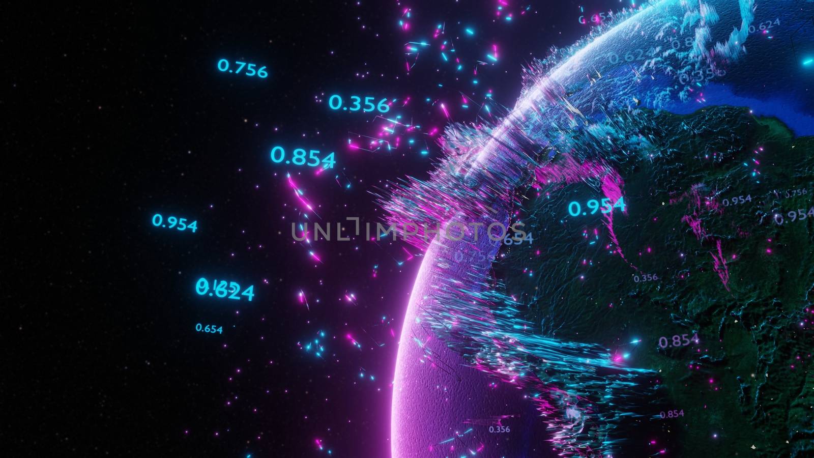 Abstract futuristic planet Earth surrounded by virtual elements. Dots, numbers and lines. Element of this image furnished by NASA. 3D rendering. Technology concept