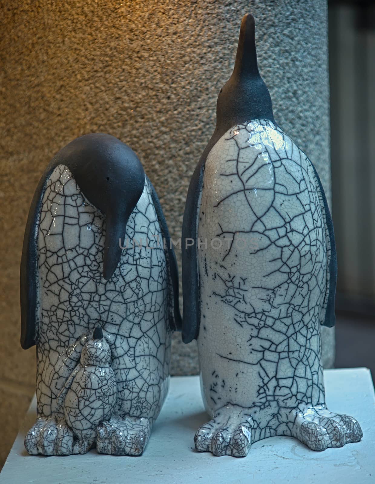 Ceramic figurines of penguins on wooden shelf by sheriffkule