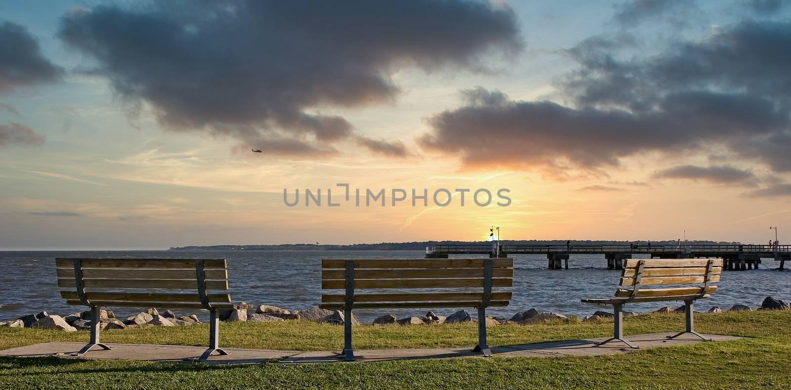 Empty Benches at the Sea at Dusk by dbvirago