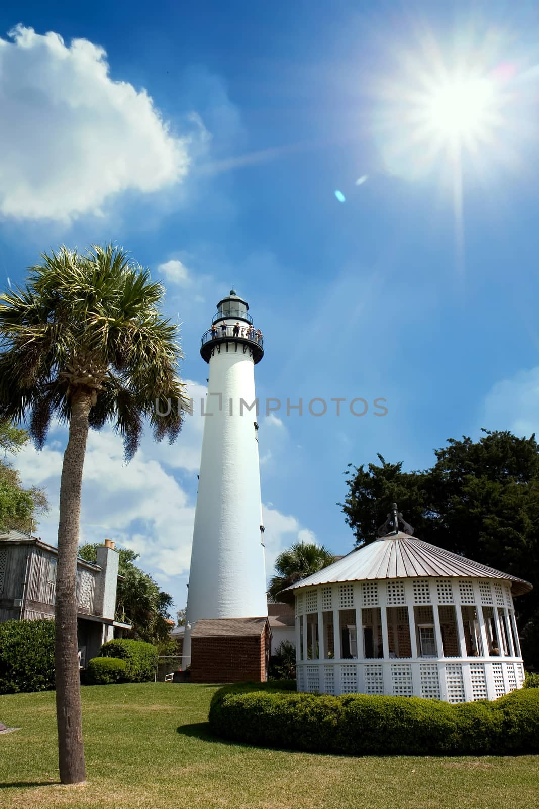 A lighthouse, palm tree, and gazebo on the coast