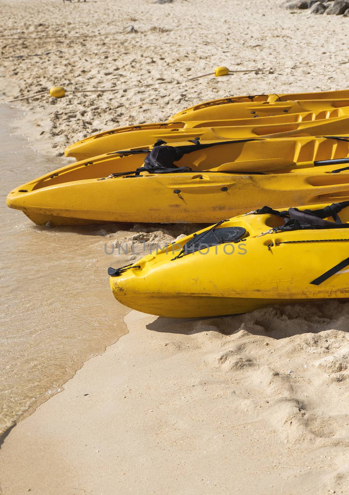 A row of colorful yellow kayaks on a sandy beach ready for paddlers in sunny day. Several yellow recreational boats on the sand. Active tourism and water recreation