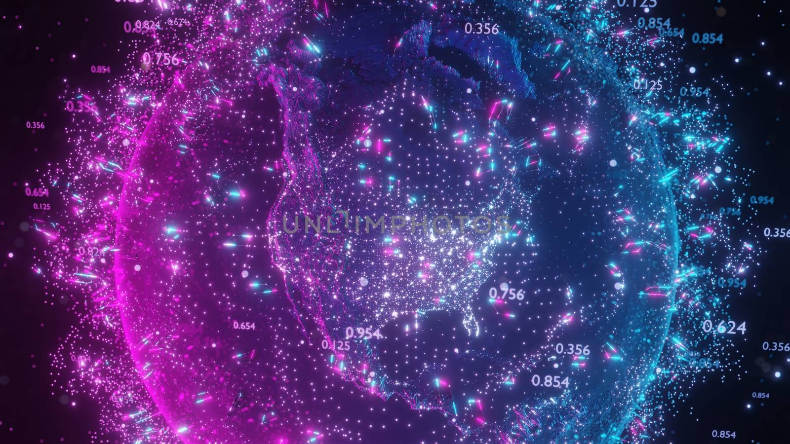 Abstract futuristic planet Earth surrounded by virtual elements. Dots, numbers and lines. Element of this image furnished by NASA. 3D rendering. Technology concept