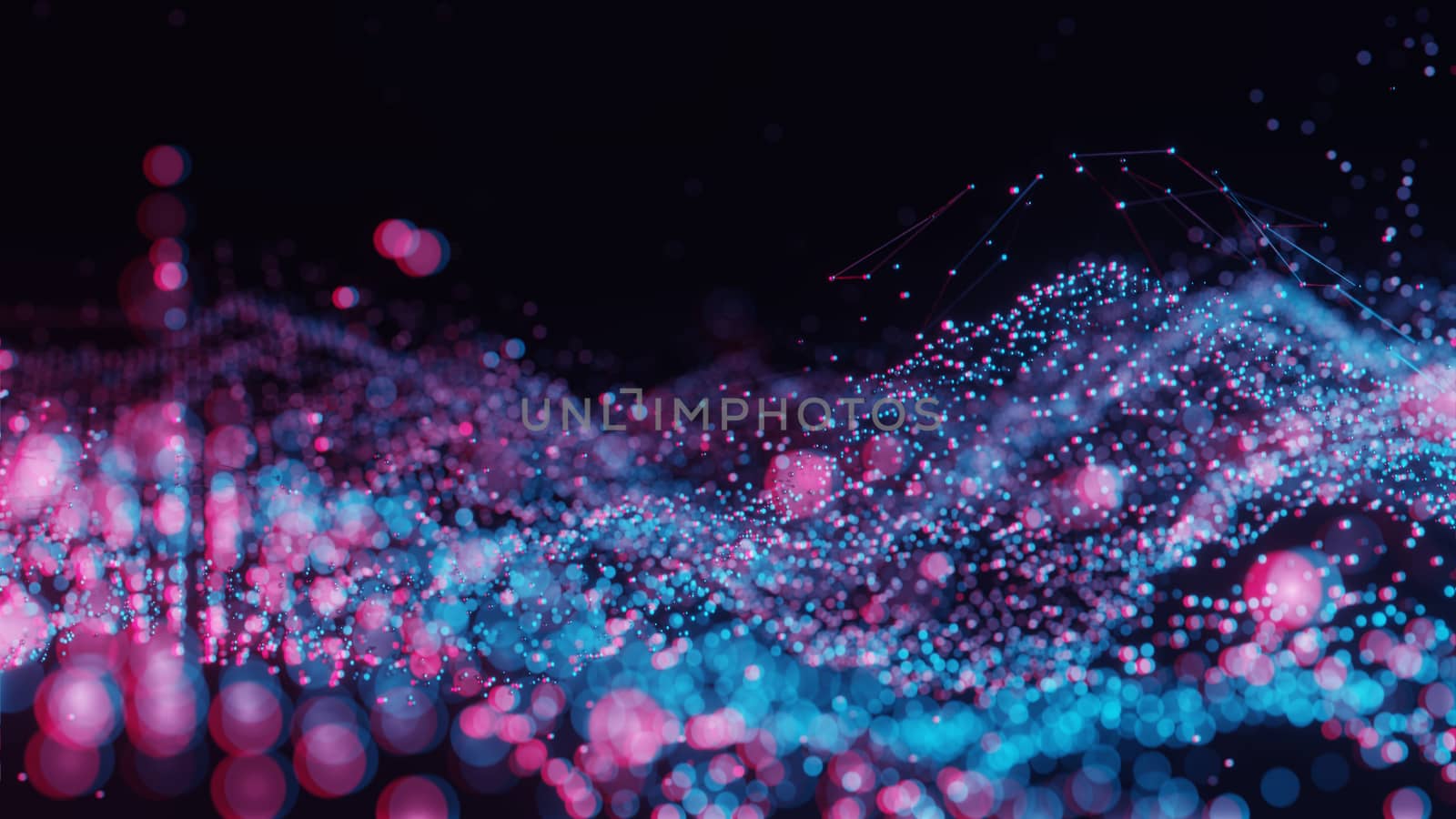 Plexus of abstract red and blue dots on a black background. Loop animations. 3D illustration