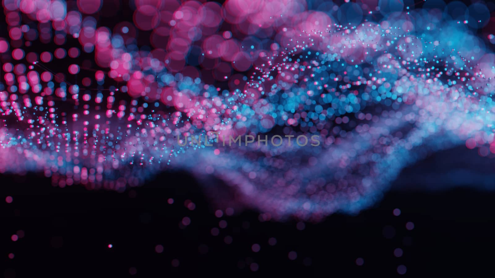 Plexus of abstract red and blue dots on a black background. Loop animations. 3D illustration