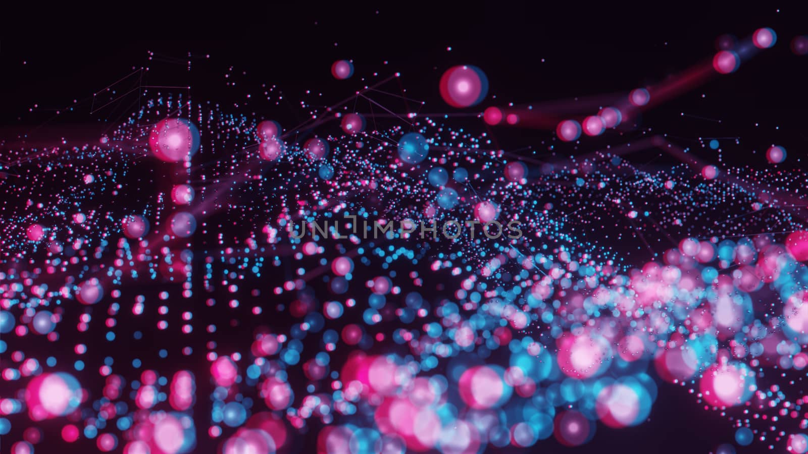 Plexus of abstract red and blue dots on a black background. Loop animations. 3D illustration