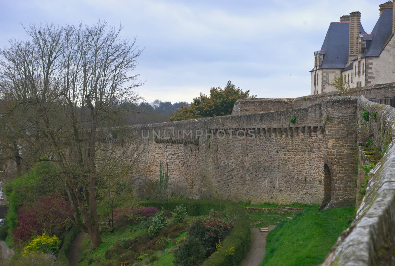View on huge stone walls at Dinan fortress, France