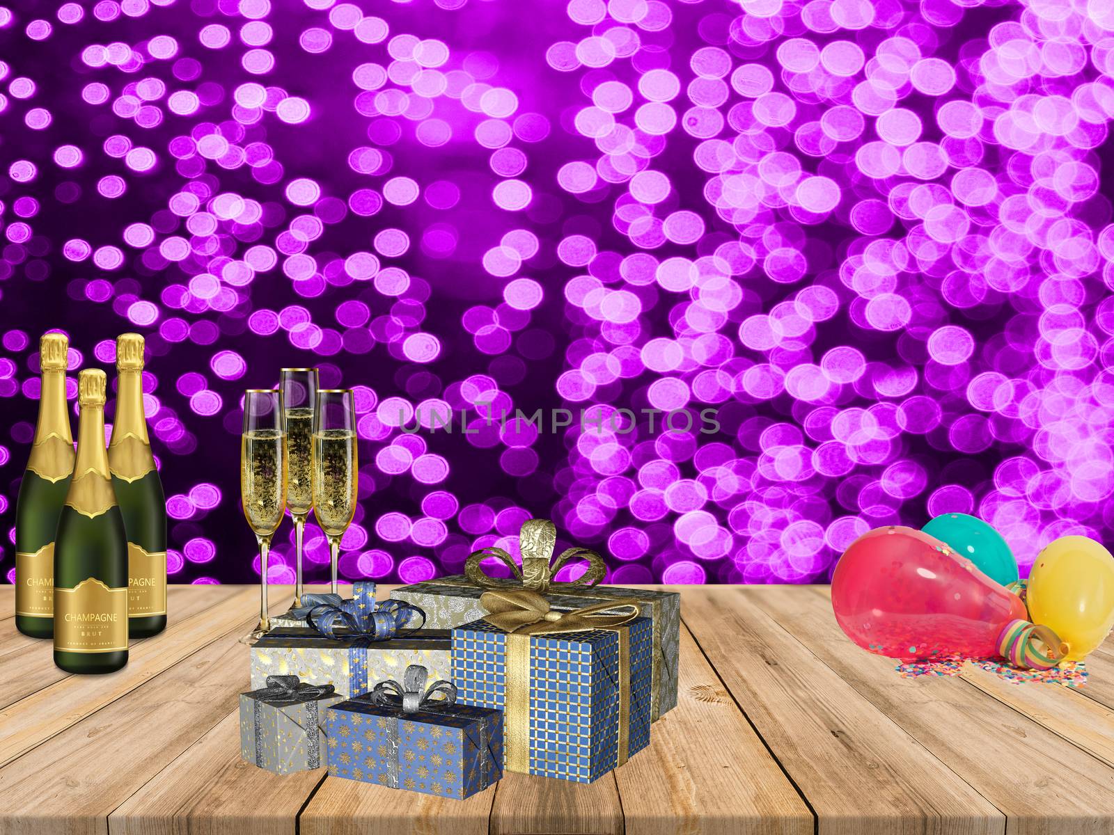 Happy new year party table with champagne presents balloons and a purple confetti light background by charlottebleijenberg