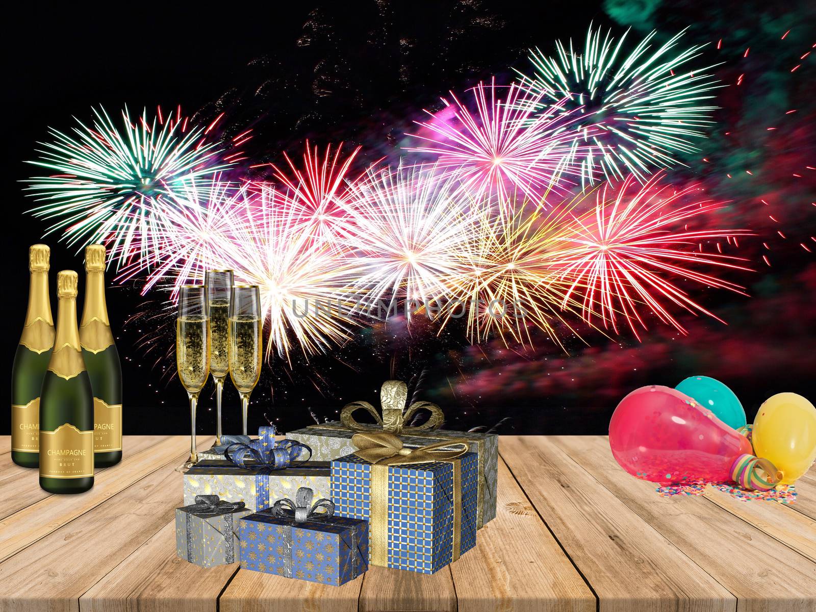 New years party table with champagne drinks gifts balloons and fire works background