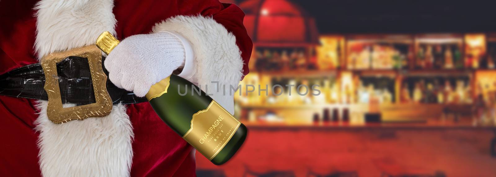 Christmas concept Santa Claus at the bar holding a champagne bottle with pub and alcoholics background