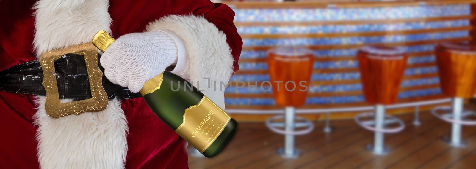 merry christmas Santa Claus holding a champagne bottle at the pub with bar and chairs background