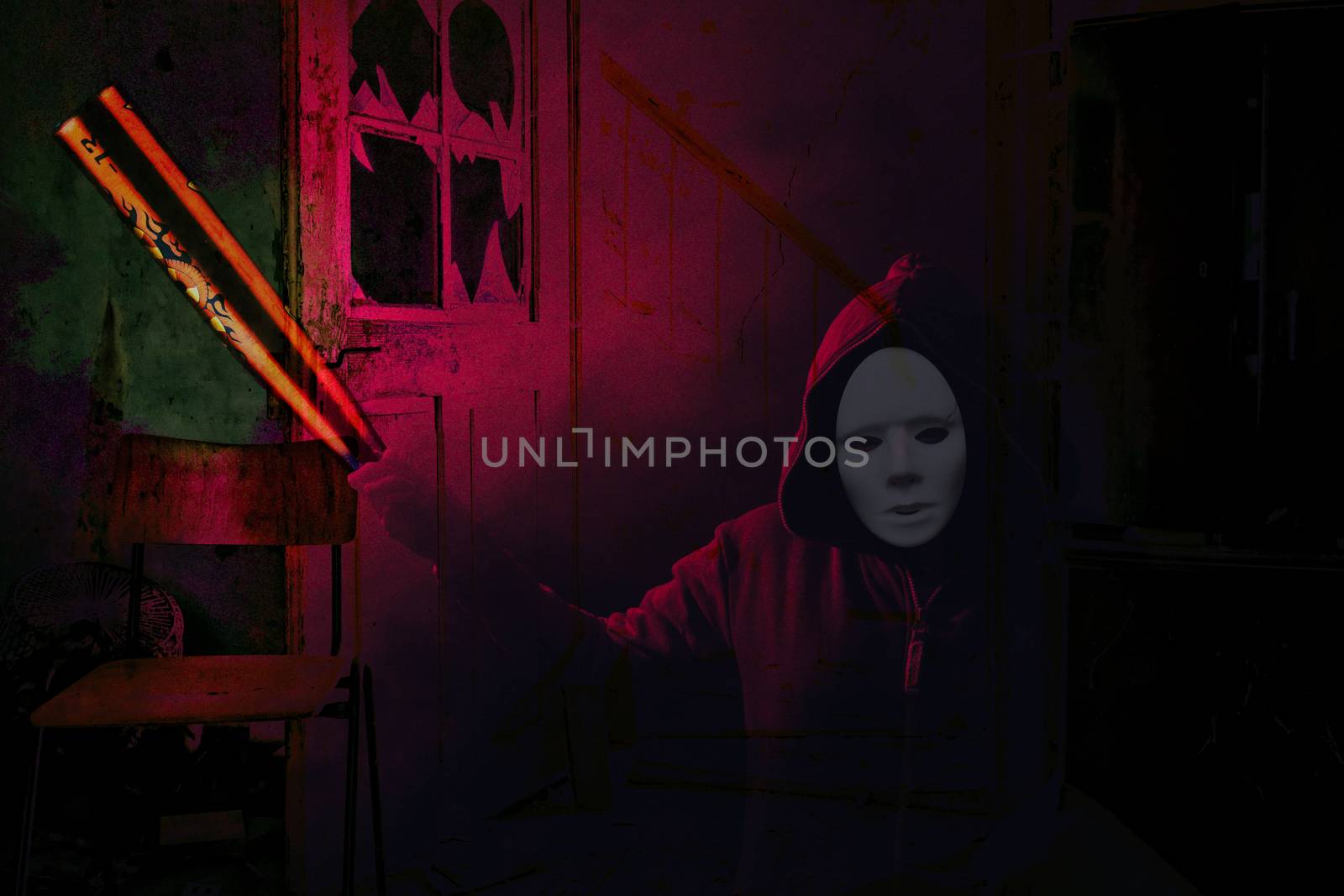 Halloween crazy and creepy masked person holding a bat in a wrecked place horror scene by charlottebleijenberg