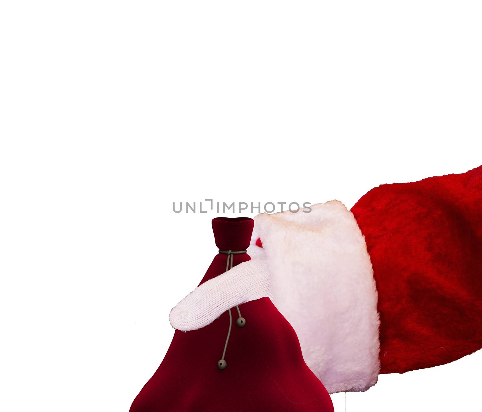 Arm and hand of santa claus holding his bag Texture isolated on a white background