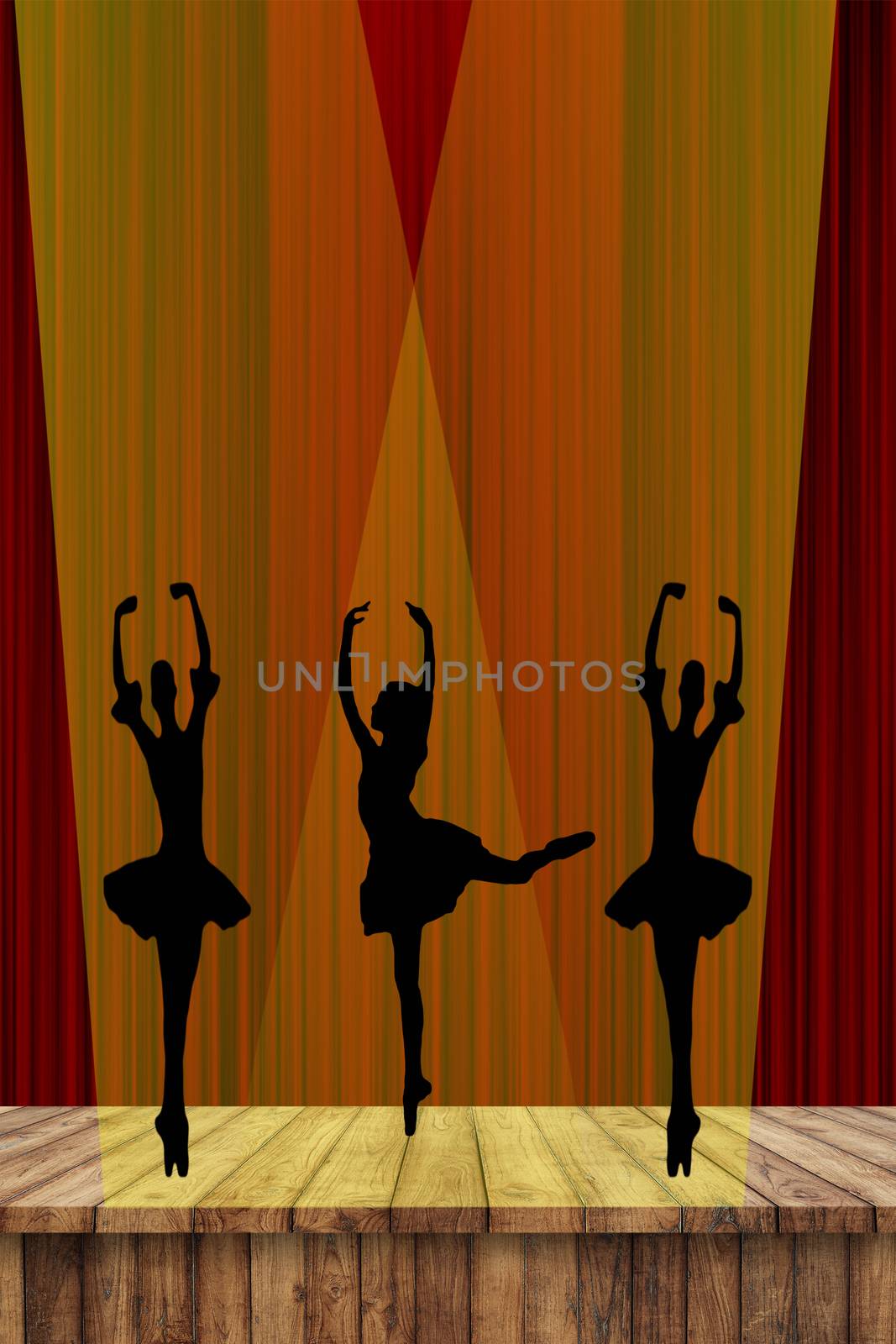 ballet girls silhouettes of dancing ballerinas on stage in the spotlight with a red curtain background by charlottebleijenberg
