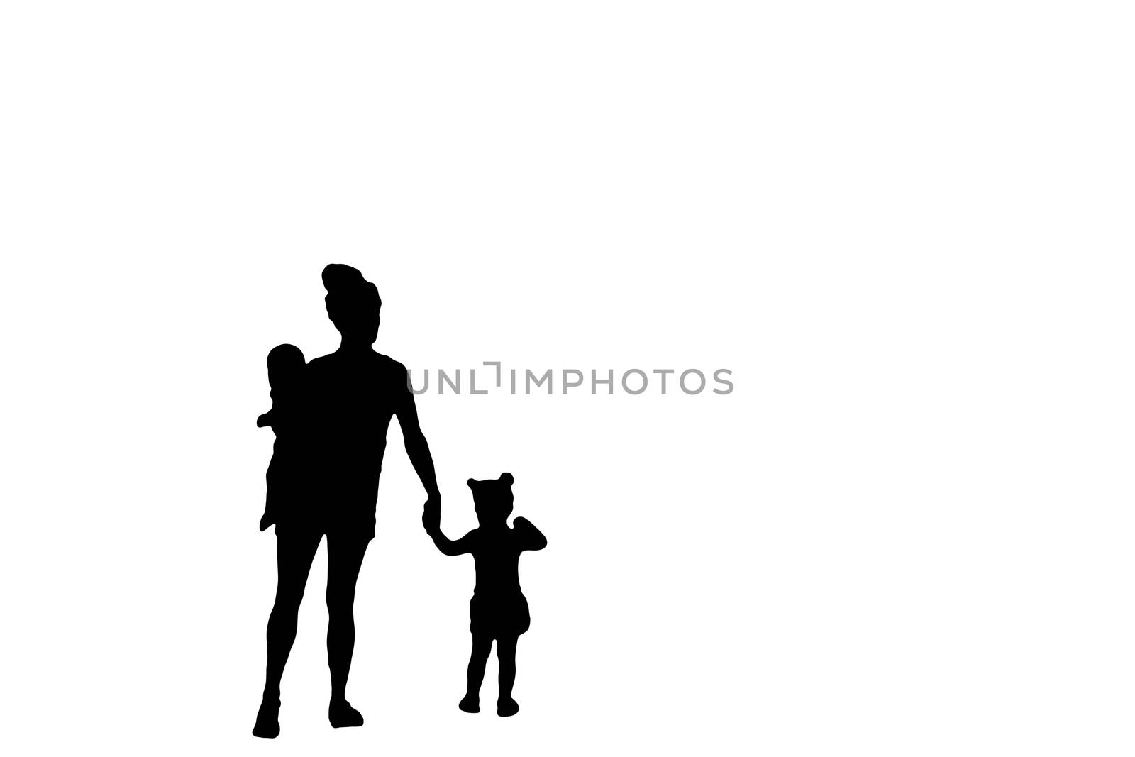 family silhouette of a mother carrying a baby and holding hands with her little girl isolated on a white background