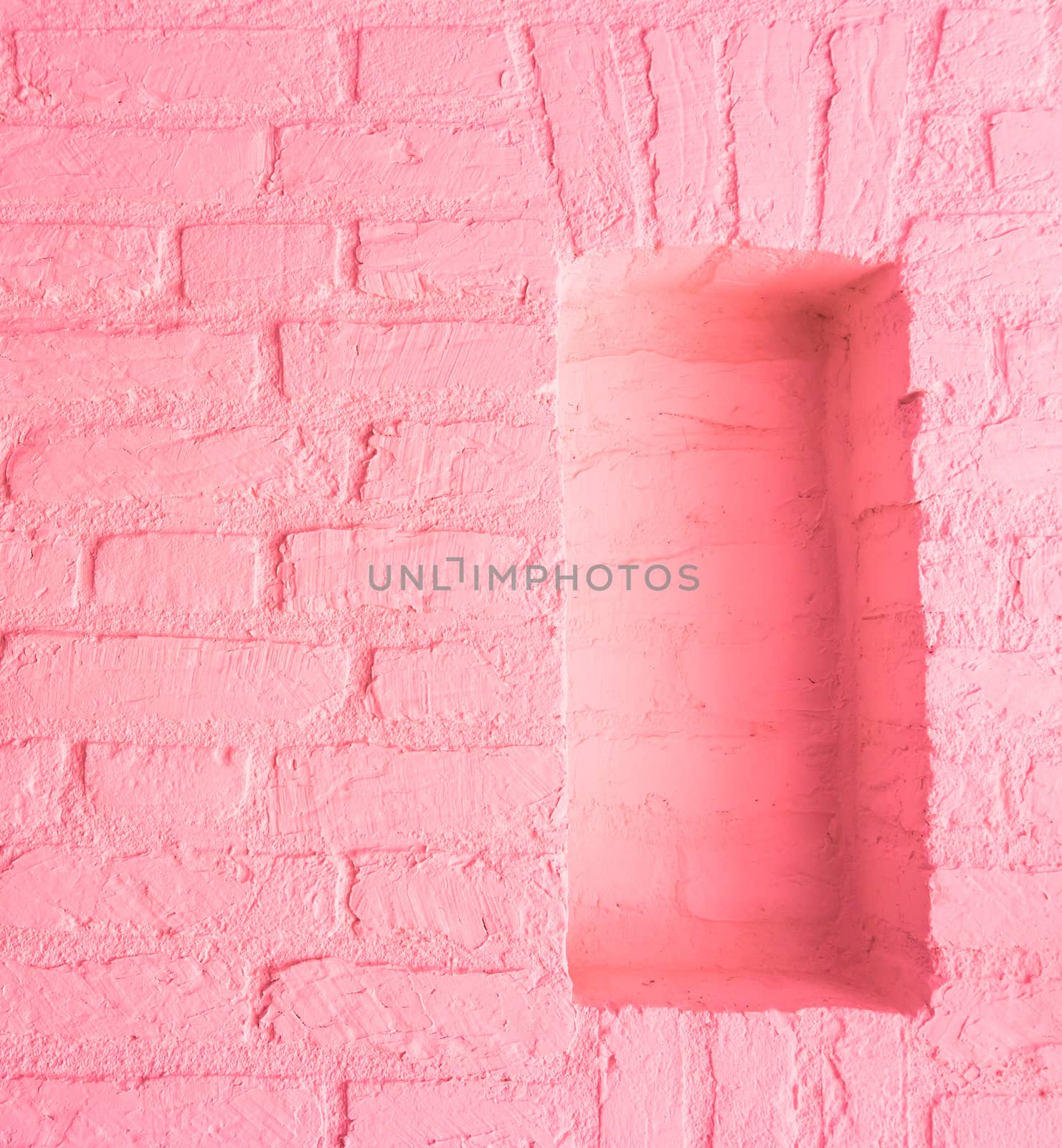 Modern vintage soft light pink stone brick wall background with empty window space by charlottebleijenberg