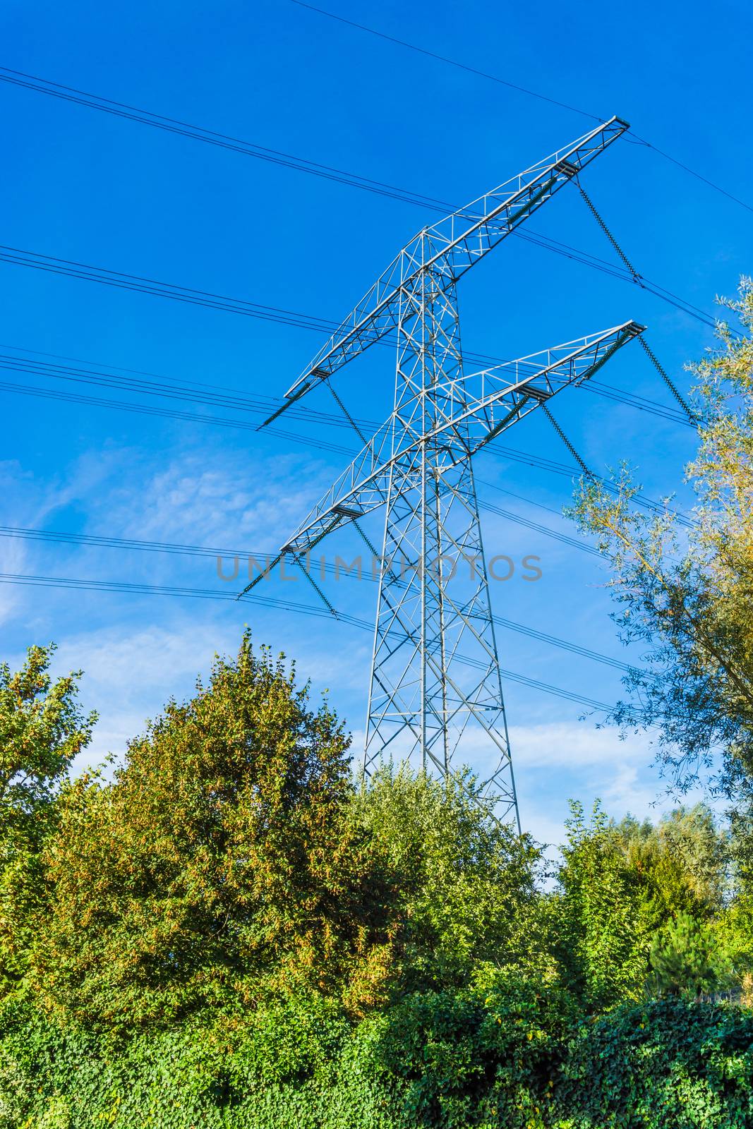 steel electricity power tower construction in a nature landscape with blue sky by charlottebleijenberg