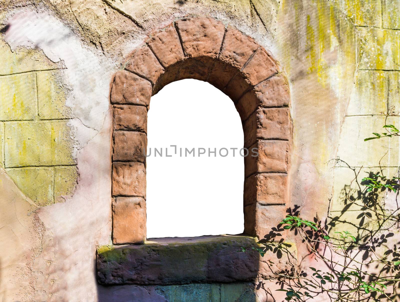 beautiful and romantic open empty castle tower window framework isolated on white fairytale background texture