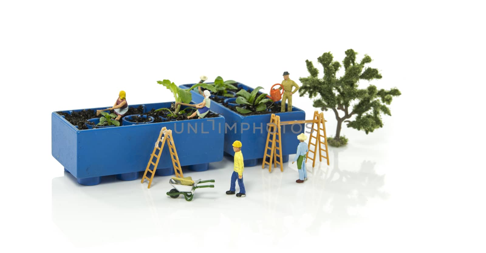 little world figures creating and busy with planting and watering the vegetable garden